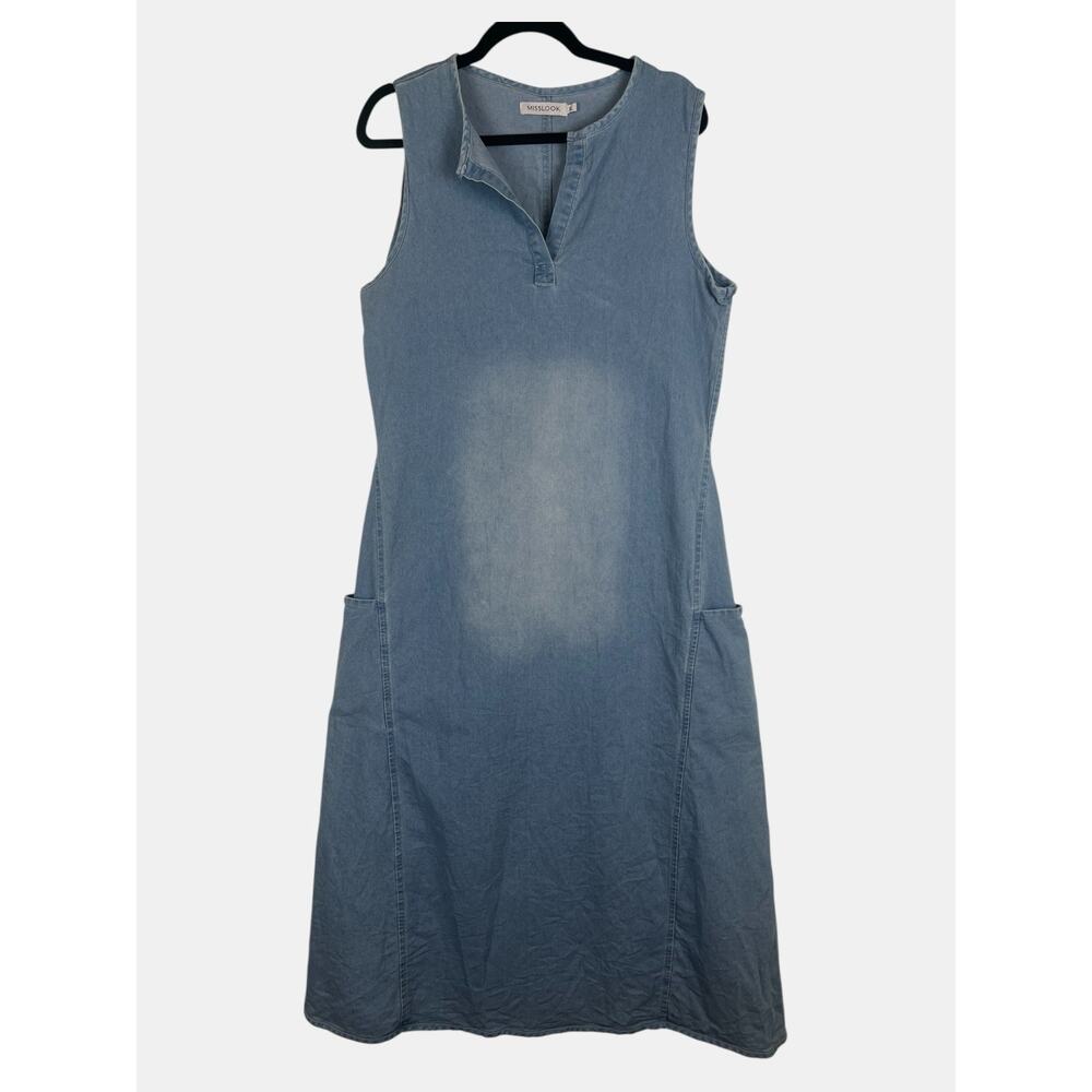 Misslook Denim Maxi Dress XL (Runs L) Sleeveless Blue Jean Dress Minimal Pockets